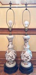 Pair Vintage Frosted Glass Hand Painted Large Table Lamps
