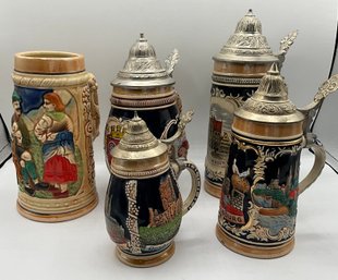 Lot Of 5 Vintage German Beer Steins & Ceramic Tankards Pewter Lids Mainz Strasbourg Kln