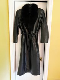 Women's Long Leather Coat With Fur Collar