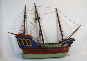 Large Colorful One Of A Kind Handmade Wooden Sailing Ship With Inner Compartments & Horn?