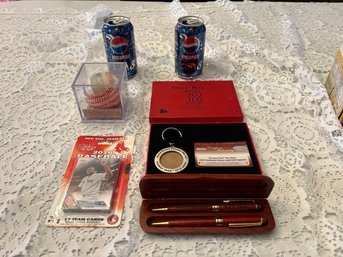 Group Of Red Sox Collectibles - Baseball, 2 Pens, Sealed Card Deck, Keychain