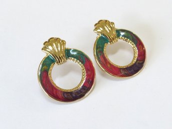 Gold Tone Swirled Enamel Pierced Stud Drop Earrings