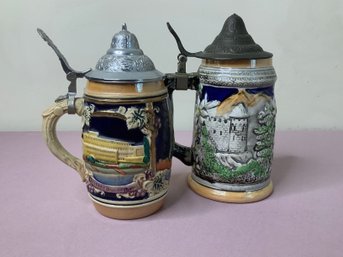 Set Of 2 - Vintage German Lidded Beer Steins
