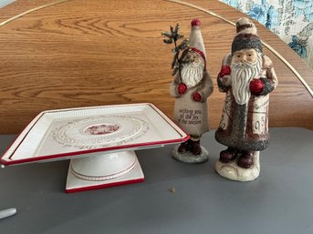 Beautiful Grasslands Road Pedestal Cake Plate & Two  Folksy Santas