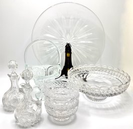 Vintage Cut Glass Crystal Platter, 2 Cruets With Stoppers, Serving Bowl, Candy Dish  & 3 Small Dessert Bowls