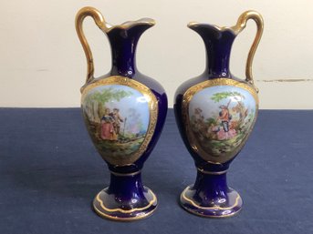 Pair Of Tharaud Limoges French Porcelain Cobalt Blue & Gilded Vases