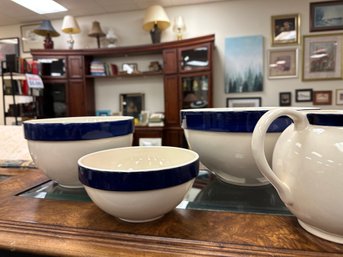Set Of Three Cordon Bleu Blue Striped Mixing Bowls And Blue Striped  Pitcher