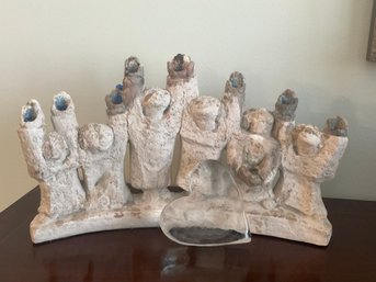 Mid Century Ceramic Whimsical Art Piece Featuring A Row Of Expressive  Figures With Arms Joyful