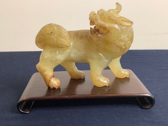 Vintage Yellow Jade Style Carving Of A Mythical Beast W/ Wooden Stand