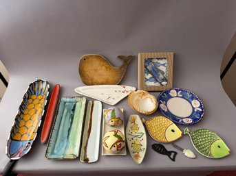 Lot Of Decorative Serving Trays, Fish Trays And More