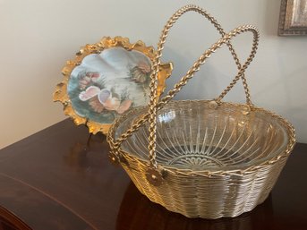 Antique Victorian Silver-Plated Bride's Basket With Gilt-Edged Shell Porcelain Platter