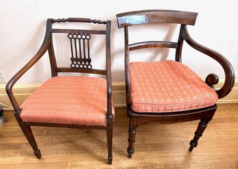 2 Antique Mahogany Accent Chairs With Matching Upholstery