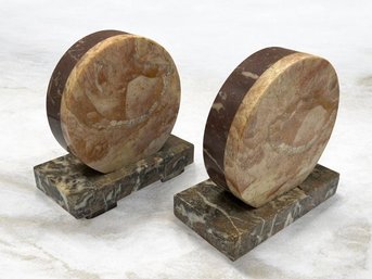 Pair Of Vintage Art Deco Style Marble Bookends ~ Circular Disc Design With Contrasting Stones ~