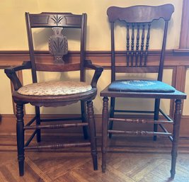2 Antique Solid Wood Side Chairs With Upholstered Seats