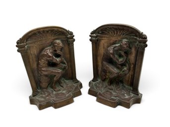 Pair Of Antique Solid Bronze Bookends ~ Rodin's 'The Thinker' In Classical Niche ~ Marked Solid Bronze