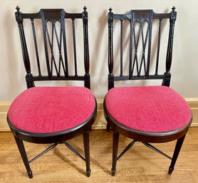 Pair Vintage Spindle-back Glazed Black Solid Wood Accent Chairs