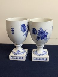 Pair Of Royal Copenhagen Porcelain Vases W/ Classic Blue Flowers