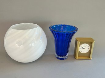 Lot Of 3 Decorative Pieces Including White And Blue Glass Vases And Clock