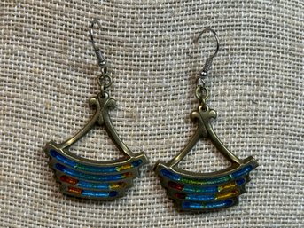 Beautiful Brass & Colored Glass Inlay Earrings