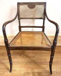 Antique English Regency Walnut & Cane Accent Chair With Hunting Toile Cushion