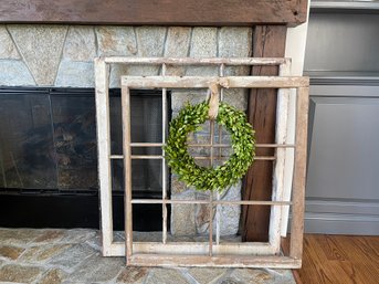 Two Vintage Window Pane Frames And A Preserved Boxwood Wreath