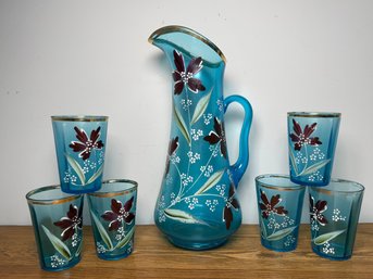 Vintage Hand-Painted Blue Glass Pitcher With 6 Tumbler Glasses