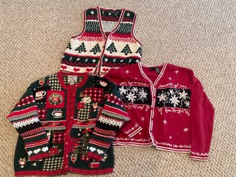 Vintage 90s Ugly Christmas Sweaters - 3 Piece Lot Cardigans & Vest Holiday Knit Size Large