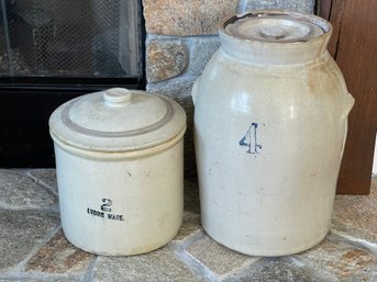 2 And 4 Gallon Vintage Lidded Stoneware Crocks