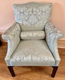 Vintage Silk Brocade Upholstered Wingback Armchair On Solid Wood Base With Pillow