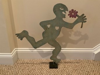 Vintage 1995 Judie Bomberger Signed Folk Art Metal Sculpture Runner With Flower 21 Inches