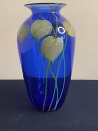 MCM Blue Art Vase Featuring Floral Design, Signed 'Rochester Folk Art Guild 1962'