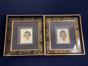 Signed Pair Of Portrait Paintings Of A Child W/ Blue Headband
