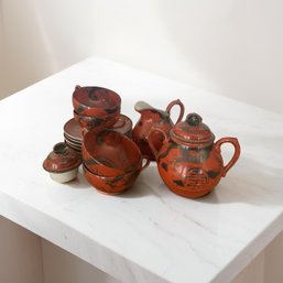 Mid Century Japanese Kutani Eiraku Tea Set With Painted Dragons Red Glazed