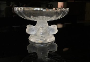 Lalique Crystal Footed Bowl Frosted Birds Pedestal Clear Fluted Dish On Four Sparrow Base Timel
