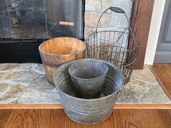 Farmhouse Buckets, Vintage Wire Basket And A Galvanized Wash Tub