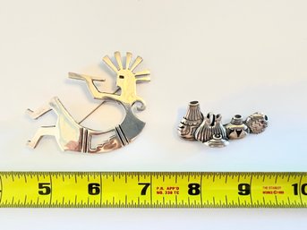 Silver Native American Large Kokopelli Brooch & Silver Signed Pottery Brooch
