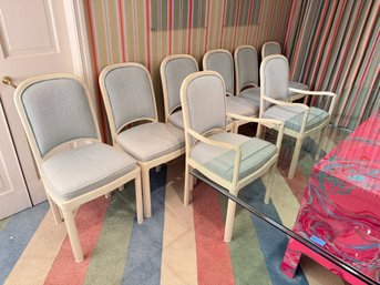 Set Of 8 White Dining Room Chairs With Blue Upholstery, Sold As Is