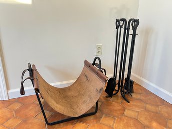 Iron Fireplace Log Holder And Iron Tool Set