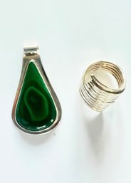 Malachite Necklace Pendant With Silver & Sterling Silver Cocktail Ring