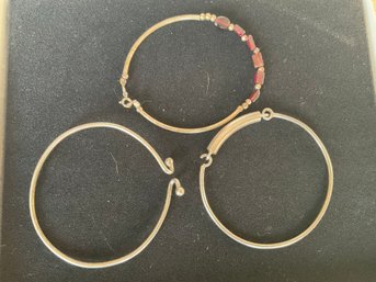 Set Of Three Italian Sterling Silver Bangle Bracelets One With Red Murano Glass Beaded Accents And Gold-