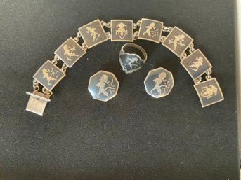 Siam Sterling Silver Niello Jewelry  Goddess Of Lightning Motifs Bracelet Earrings And Ring 32G