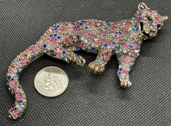 Large Rhinestone Encrusted Leopard Brooch- Articulating Tail