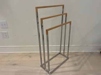 A Chrome & Wood  Towel Rack - 33 Inches High