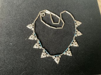 Exquisite Art Deco Sterling Marcasite Blue Enamel Intricate Filigree Tiangle Drops Necklace