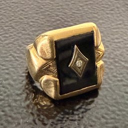 Vintage 10K Gold Black Onyx & Diamond Mens Ring ~ Size 7 3/4 ~