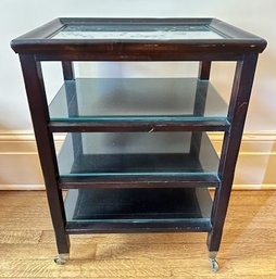 Vintage Baker Furniture Milling Road Italian Mahogany 4 Tier Side Table With Glass Tops On Casters