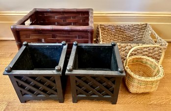 Selmat Mahogany Newspaper Bin, 2 Black Regency Style Planters & 2 Wicker Baskets