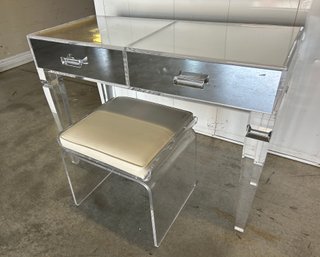 Lucite And Mirror Vanity And Swivel Stool