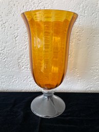 Amber Vintage Blown Pedestal Flower Ribbed Art Glass Vase
