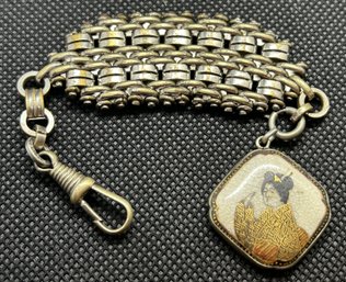 Antique Japanese Meiji Period Satsuma GEISHA Pocket Watch Fob With Silver Bezel